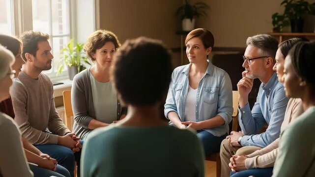 Diverse People Attending Support Group Meeting, Sitting in Circle, Talking, Counseling Session, Mental Health Awareness, Wellbeing, Therapy, Empathy, Addiction Recovery, Sharing