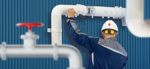 Man searches for gas leak in pipe. Worker at gas supply company maintains network. Man with gas leak detection device back to camera. Checking for damage to pipe. Gasification equipment maintenance.