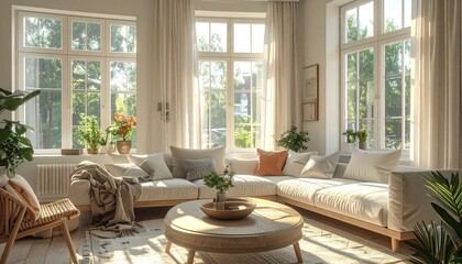 Bright Living Room Interior with White L Shaped Sofa Sunlight Through Windows and Houseplants