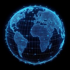 Digital globe, glowing continents, network grid