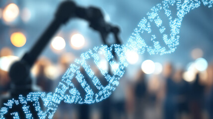 Digital DNA helix formed by binary code with robotic arm in background, symbolizing biotechnology and genetic engineering