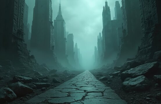 Dark fantasy cyberpunk city, abandoned street, ancient stone buildings, dense fog at night. Crumbling architecture, desolate atmosphere. A long, cracked stone path leads into the hazy distance.