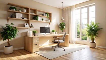 A modern minimalist office interior, Scandinavian style, natural wooden furniture, large windows