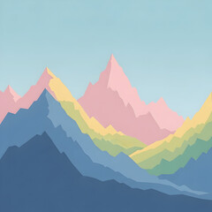 Layered Mountain Range with Pastel Colors and Blue Sky