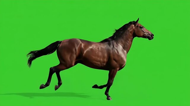 Animated Brown Horse Galloping on Green Screen Background for Compositing or Visual Effects Projects, Chroma Key Effect