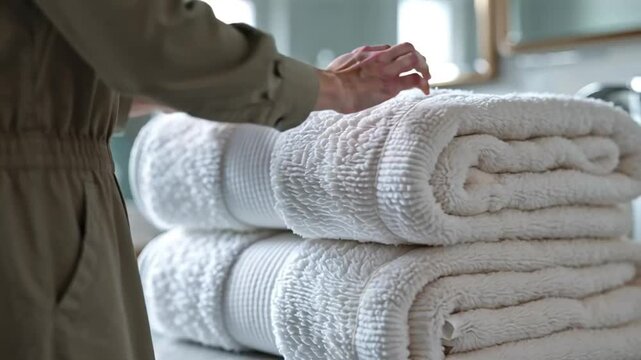 Close-up of hands putting stack of fresh white bath towels on the bed sheet. Room service maid cleaning hotel room macro closeup