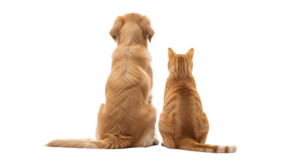 Golden Retriever dog and ginger cat sitting together viewed from behind.