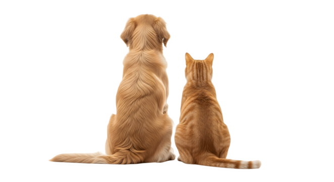 Golden Retriever dog and ginger cat sitting together viewed from behind.