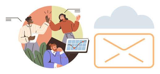 Group discussing ideas over analytics while celebrating teamwork. Cloud with envelope linking collaboration, business growth, tech integration. Ideal for communication, teamwork, innovation, project