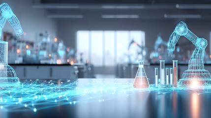 Digital laboratory with robotic arms and scientific glassware on a networked surface