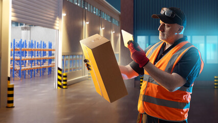 Warehouse worker in safety vest scanning package with tablet for inventory and delivery management. Logistics, Warehouse, Delivery.