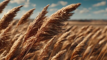 Golden Wheat Fields Under a Bright Blue Sky with Soft White Clouds in a Scenic Agricultural Landscape Captured in Late Afternoon Light