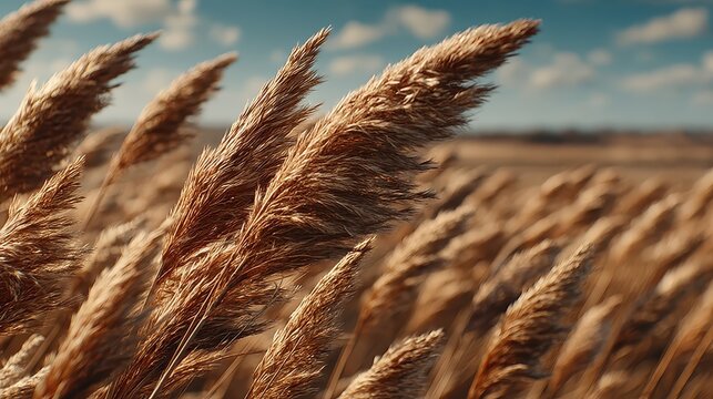 Golden Wheat Fields Under a Bright Blue Sky with Soft White Clouds in a Scenic Agricultural Landscape Captured in Late Afternoon Light