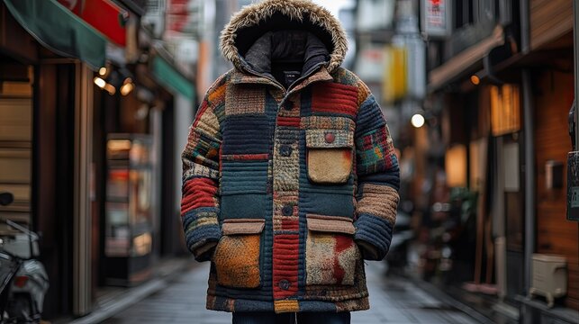 Stylish patchwork jacket on a person in a narrow alley in a vibrant city showing off modern fashion