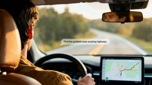 A driver in a car (interior shot), looking at the navigation screen. A subtle text bubble: 'Find the quickest route avoiding highways.' Calm, focused expression, warm car interior lighting