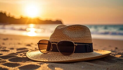 Sandy Beach Hat and Sunglasses at Sunset with Golden Light on a Summer Day