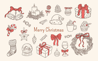 Hand draw retro Merry Christmas set. Xmas decorations, wreath, Santa hat, gift box, bell, candles, bow vector illustrations. Happy New Year