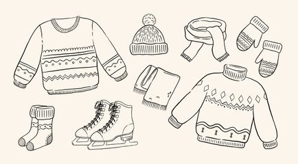 Vintage winter clothes and accessories set in hand drawn Style. Doodle knitted ugly sweaters, mittens, scarf, socks, hat and ice skates vector illustration.
