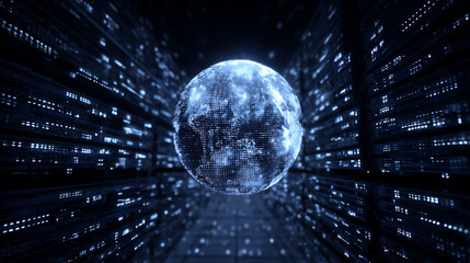 Digital globe surrounded by server racks in a futuristic data center tunnel