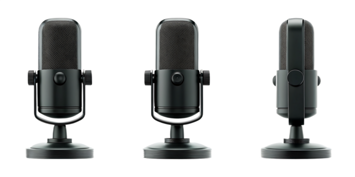 Three podcast microphones on background isolated on a transparent background audio