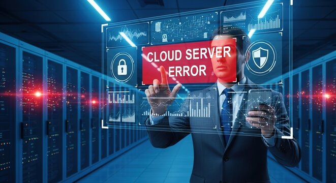 Cloud Server Error Displayed by Man in Data Center with Holograp