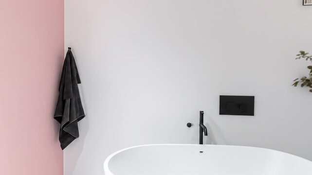 Modern Bathroom Interior with Freestanding White Bathtub and Light Pink Accent Wall and Minimalist Black Fixtures and Marble Flooring and Underlit Mirror