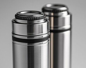 Close-up of two modern, metallic thermos bottles