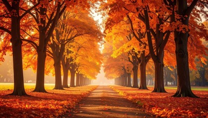 Scenic Autumn Avenue with Golden Light in Fall Foliage Landscape at Sunset Creating an Impression of Depth and Warmth in a Park with Leaf Covered Pathway