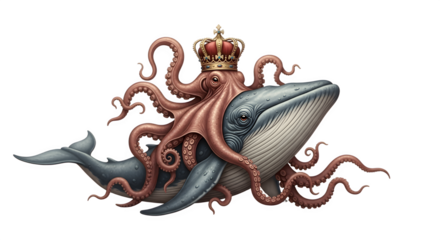 Majestic octopus king wearing crown riding on a whale in the ocean.