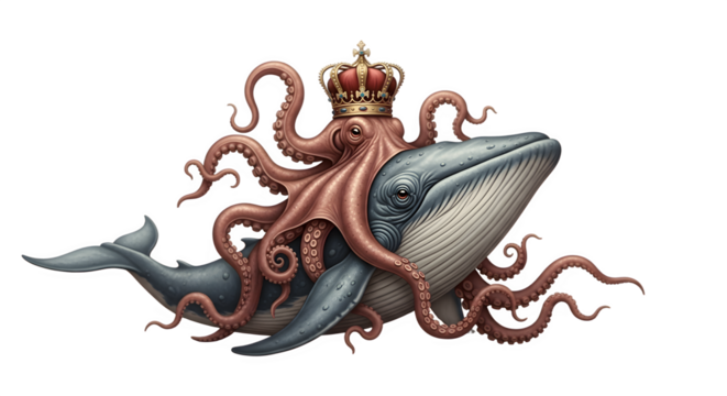 Majestic octopus king wearing crown riding on a whale in the ocean.