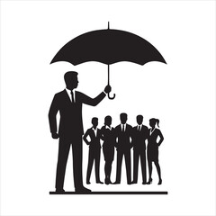Business Team Protected by Leadership and Vision Under Umbrella Shielding from Risk and Adversity Symbolizing Support and Stability with Strong Leader and Confident Employees