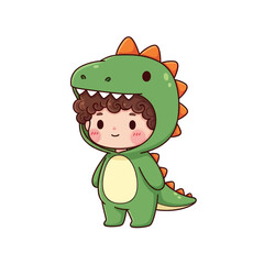 A cute cartoon child wearing a green dinosaur costume, smiling and looking friendly.