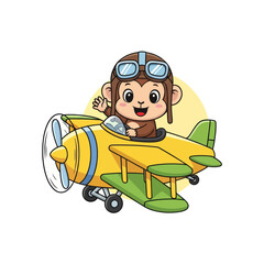 A cute cartoon baby monkey wearing a pilot helmet and goggles, waving from the cockpit of a yellow propeller airplane. © DediGalihWisnumurti