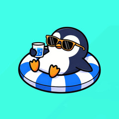 A cute cartoon penguin wearing sunglasses relaxes on a blue and white inflatable ring while holding a glass of water.