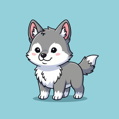 Cute cartoon illustration of a baby wolf with gray fur, standing and smiling on a blue background.