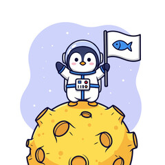 Cute penguin astronaut on the moon holding a flag with a fish.