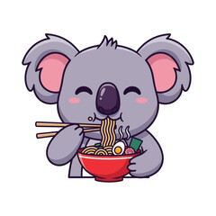 A cute cartoon koala bear with rosy cheeks happily eating a bowl of Japanese ramen noodles with chopsticks.
