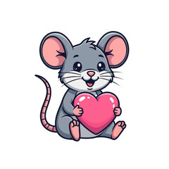 Cute cartoon grey mouse holding a pink heart, smiling happily with a cheerful expression.