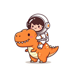 A cute cartoon astronaut child riding on the back of a friendly orange T-Rex dinosaur.