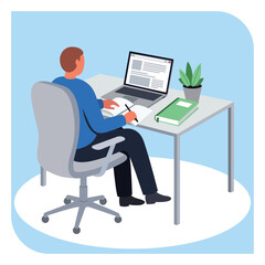 Man working on laptop and writing in office environment remote work freelancer lifestyle concept vector