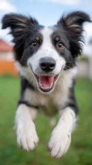 Fototapeta premium Happy border collie mid-action outdoors with tongue out and bright eyes