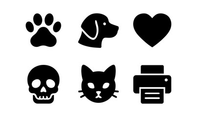 Collection of black silhouette icons featuring pets, heart, skull, and printer