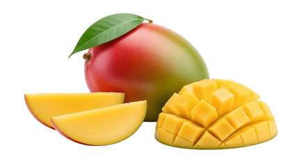Ripe Mango Fruit with Slices Displaying Vibrant Yellow Pulp.