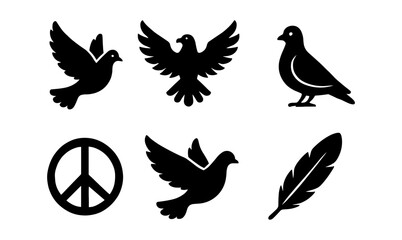 Obraz premium Silhouette peace icons: doves, feather, peace symbol in minimalist design