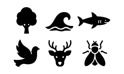 Fototapeta premium Silhouette icons: nature and wildlife collection featuring trees, waves, sharks, and more