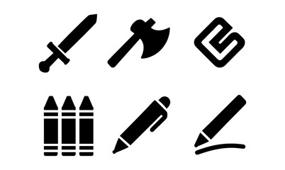 Obraz premium Set of simple black tool and weapon icons in silhouette style