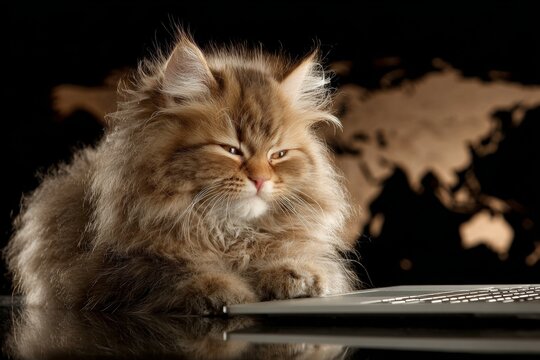 Charming cat sits upright at laptop in dark room. Data mobility tools. Global access evolves through modern connectivity infrastructure. Laptop loving cat. Living borderless. - Powered by Adobe