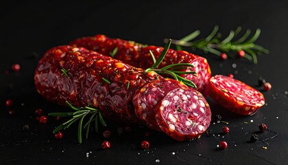 Salami with Rosemary Close Up on Dark Background Red Garnish Food Photography