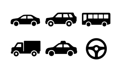 Fototapeta premium Silhouette icons of vehicles: cars, bus, truck, taxi, steering wheel