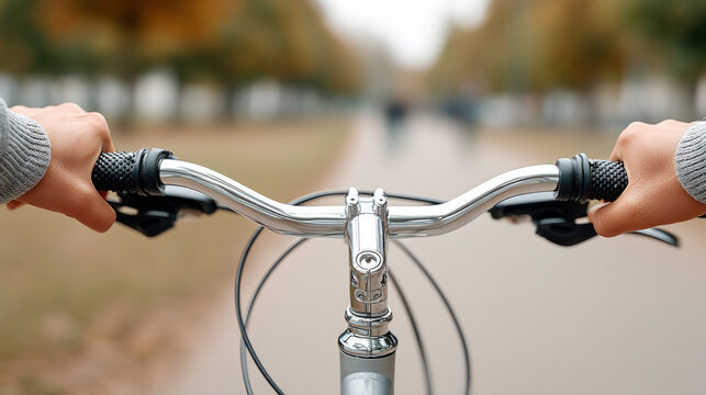 Celebrating world bicycle day: close-up of hands gripping bicycle handlebars on a scenic ride